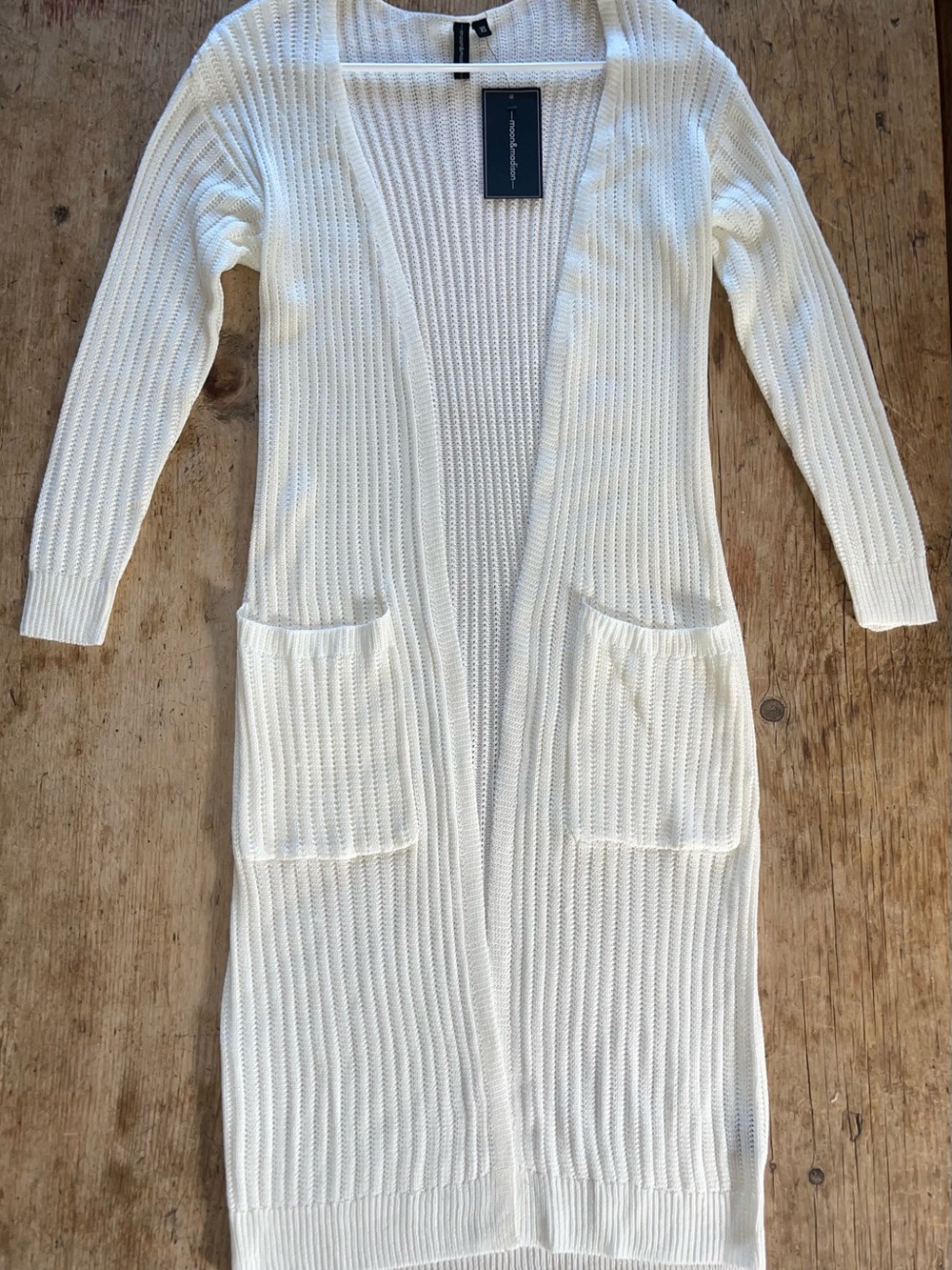 moon & madison Long Open-Front Ribbed Cardigan in Cream